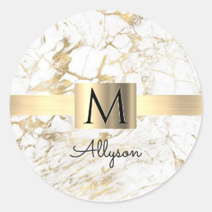 White & Gold Marble Gold Box Black Name & Monogram Classic Round Sticker
