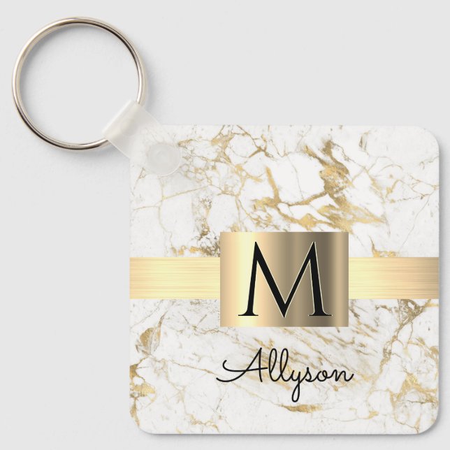 White & Gold Marble Gold Box, Black Name Monogram Key Ring (Front)