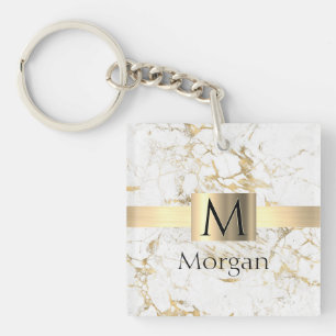 White & Gold Marble Gold Box, Black Name Monogram Key Ring