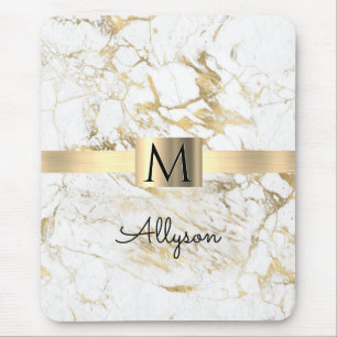 White & Gold Marble, Gold Box, Black Name Monogram Mouse Mat