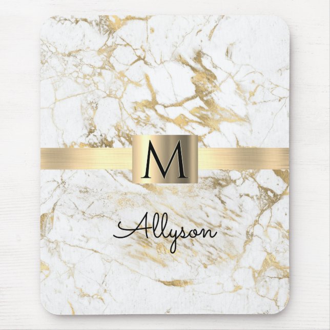White & Gold Marble, Gold Box, Black Name Monogram Mouse Mat (Front)