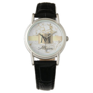 White & Gold Marble Gold Box, Black Name Monogram Watch