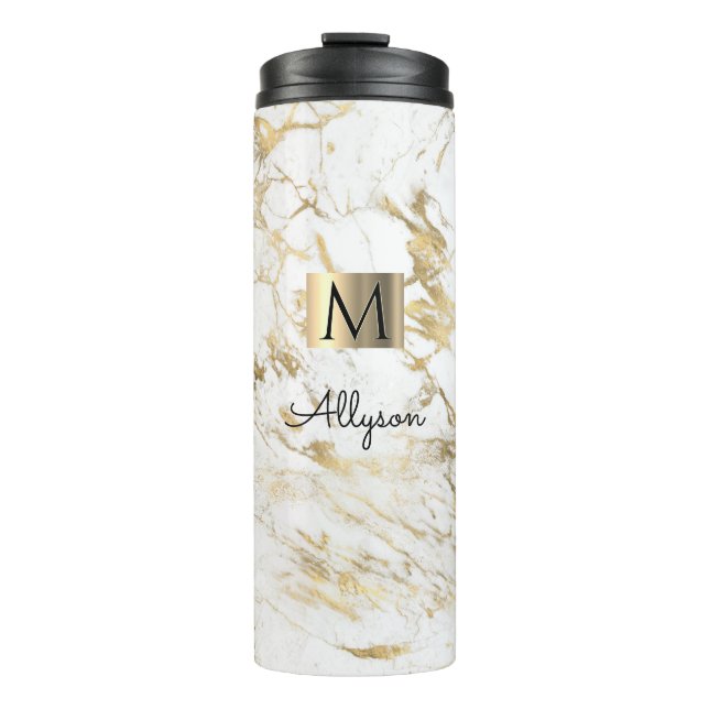 White & Gold Marble, Gold Box, Name & Monogram Vs2 Thermal Tumbler (Front)