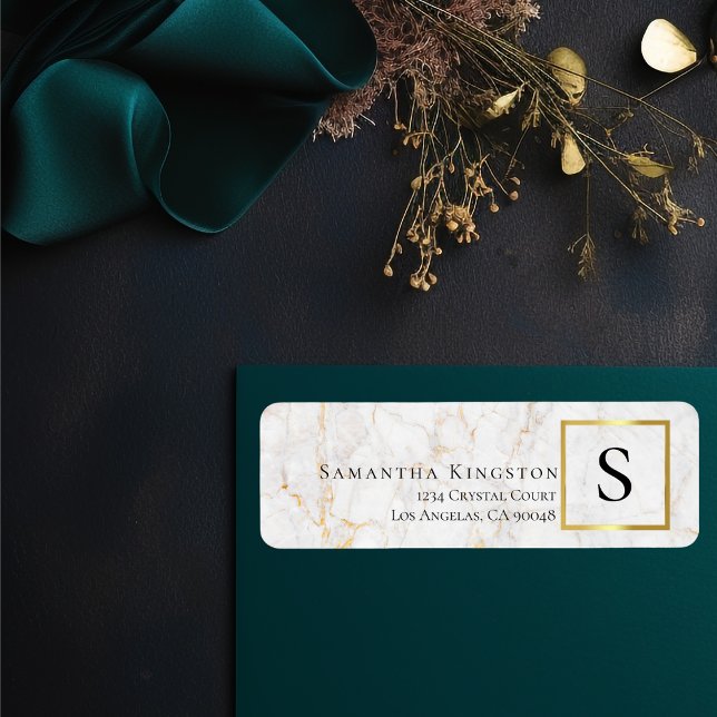 White & Gold Marble | Monogram Return Address (Creator Uploaded)