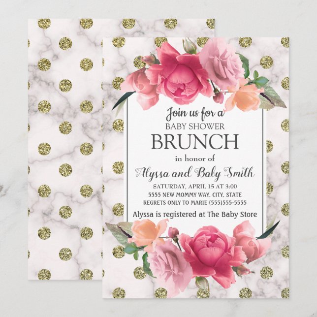 White Gold Marble Pink Floral Baby Shower Brunch Invitation (Front/Back)