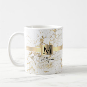 White & Gold Marble, Script Name & Monogram Coffee Mug