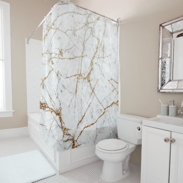 White & gold marble shower curtain (In Situ)