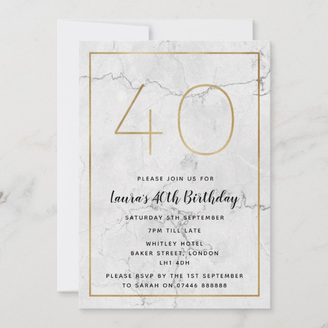 White & Gold Marbled 40th Birthday Invites (Front)