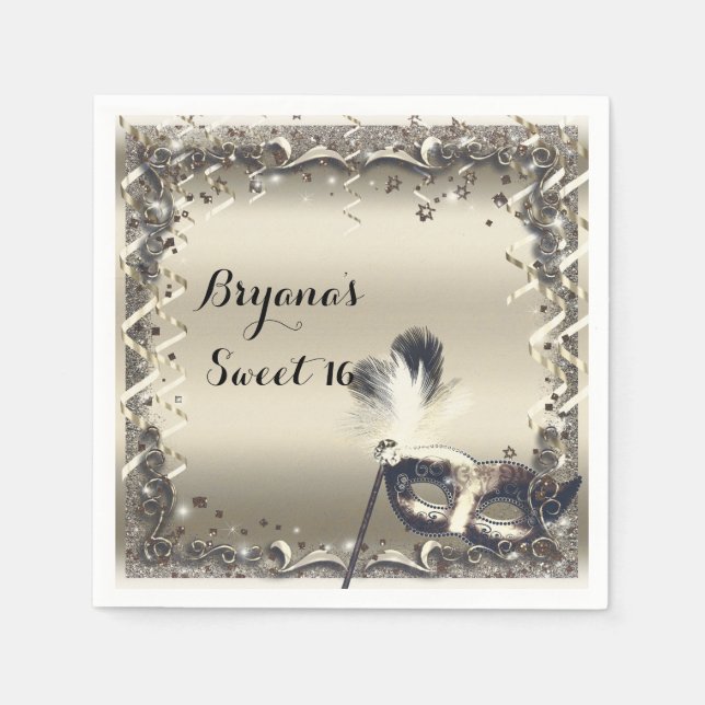 White Gold Masquerade Mask Elegant Ball Party Napkin (Front)