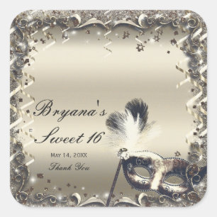 White Gold Masquerade Mask Elegant Ball Party Square Sticker