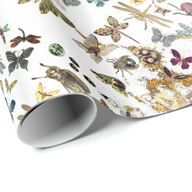 White Gold Meadow Butterfly Insects Gems Marble Wrapping Paper (Roll Corner)