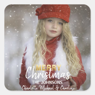 White Gold Merry Christmas Holiday Family   PHOTO Square Sticker