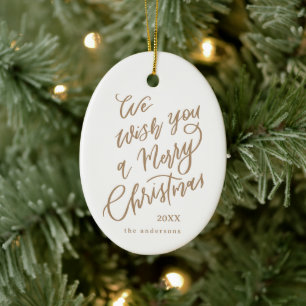White & Gold Merry Christmas Lettering Photo Ceramic Tree Decoration