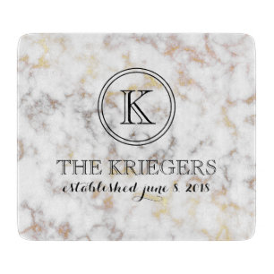 White Gold Metallic Marble Monogram Wedding Cutting Board
