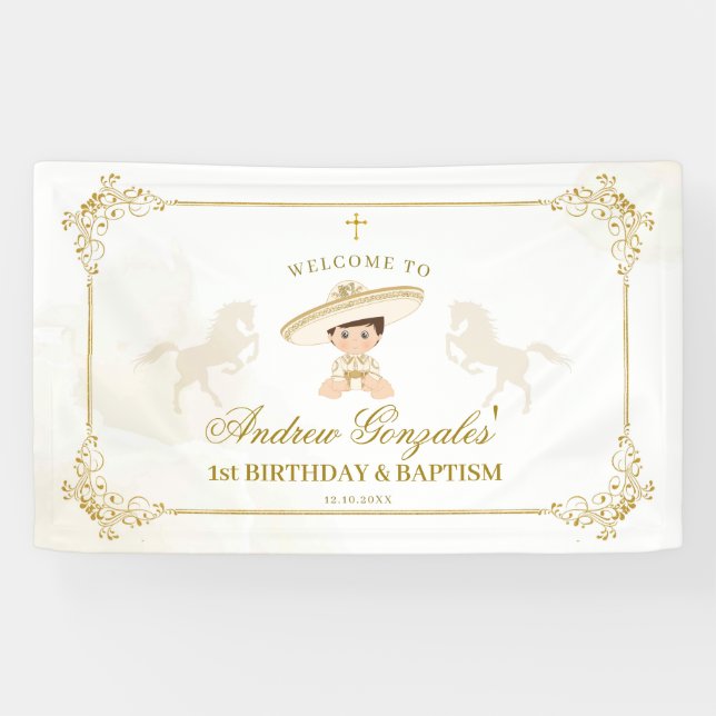 White Gold Mexican Boy Baptism 1st Birthday Large Banner (Horizontal)