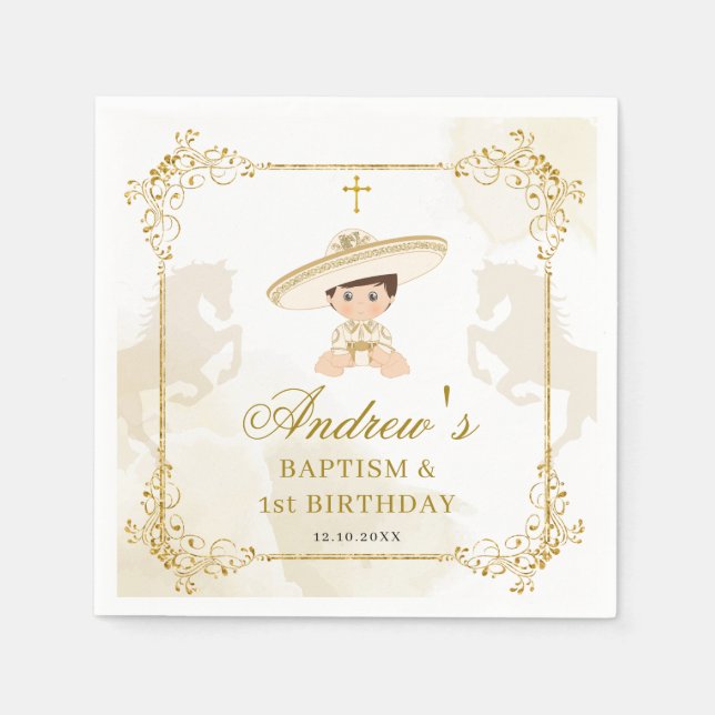 White Gold Mexican Boy Baptism 1st Birthday Paper Napkin (Front)