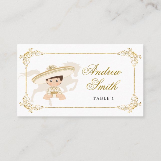 White Gold Mexican Boy Baptism 1st Birthday Place Card (Front)