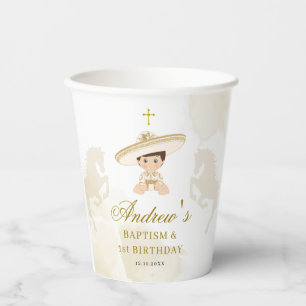 White Gold Mexican Boy Baptism & First Birthday Paper Cups