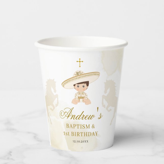 White Gold Mexican Boy Baptism & First Birthday Paper Cups (Front)