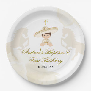 White Gold Mexican Boy Baptism & First Birthday Paper Plate