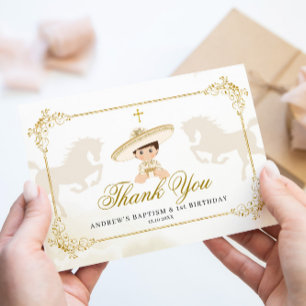 White Gold Mexican Boy First Birthday Thank You Card