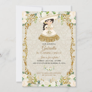 White & Gold Mexican Girl is Turning Cinco Party Invitation