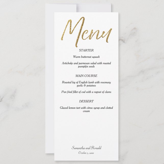 White & Gold Minimalist Calligraphy Wedding Menu Invitation (Front)