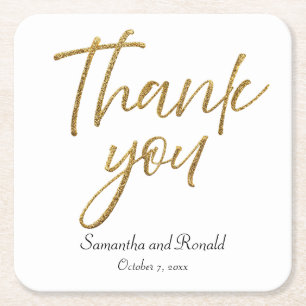 White & Gold Minimalist Thank You Wedding Square Paper Coaster