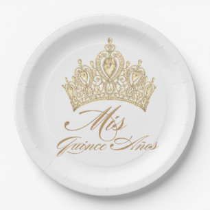 White Gold Mis Quince Anos Chic Elegant Tiara Paper Plate
