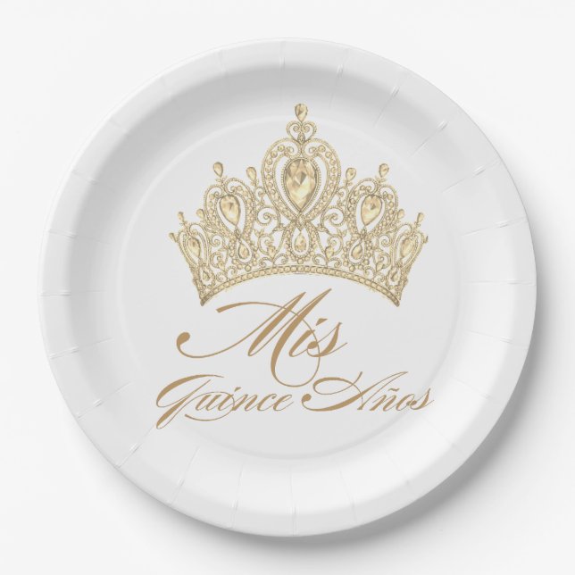 White Gold Mis Quince Anos Chic Elegant Tiara Paper Plate (Front)