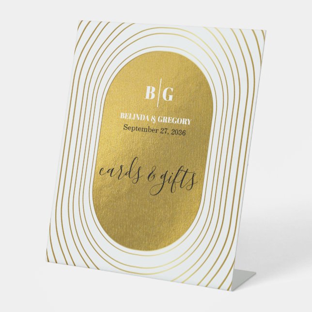 White & Gold Modern Arch Wedding Cards & Gifts Pedestal Sign (Front)