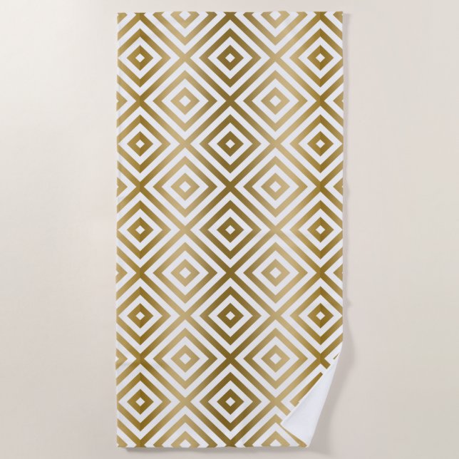 White & Gold Modern Geometric Pattern Beach Towel (Front)