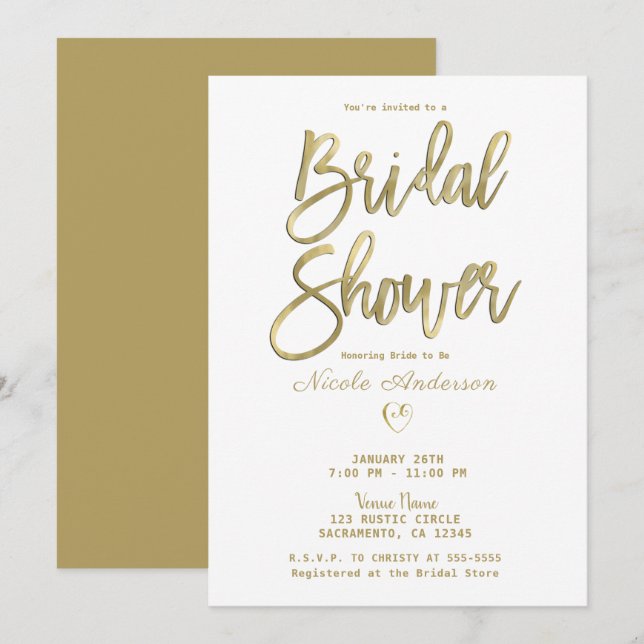 White & Gold Modern Minimal Chic Bridal Shower    Invitation (Front/Back)