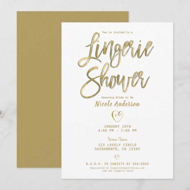 White & Gold Modern Minimal Chic Lingerie Shower  Invitation (Front/Back)