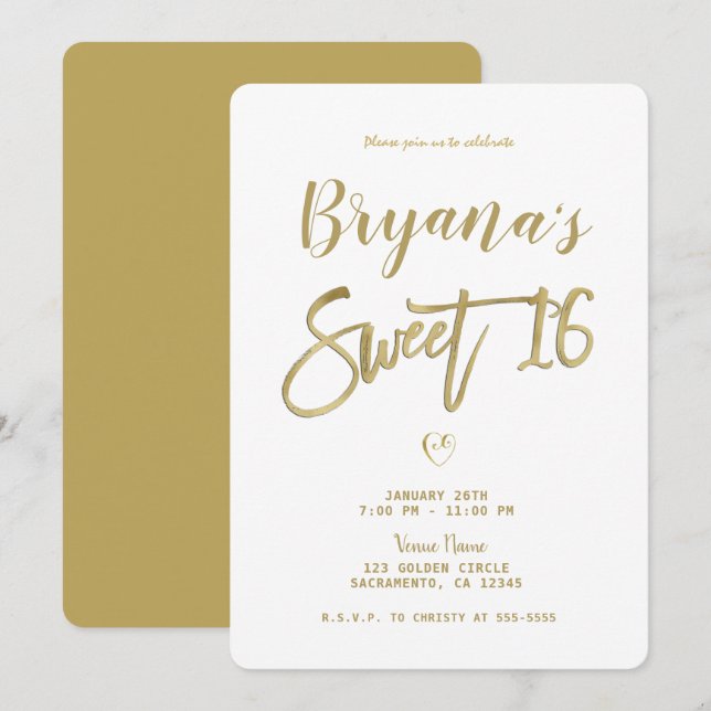 White & Gold Modern Minimal Chic Sweet 16   Invitation (Front/Back)