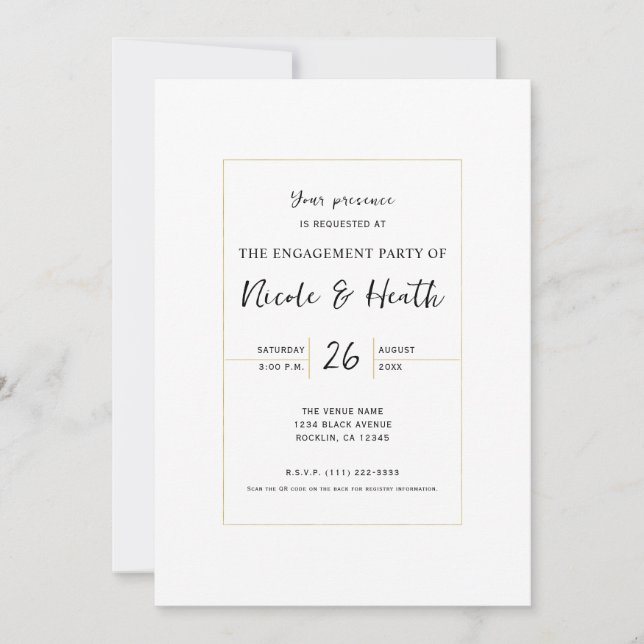 White & Gold Modern Minimal Elegant Engagement Invitation (Front)