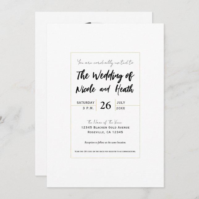 White & Gold Modern Minimal Elegant Wedding Invitation (Front/Back)