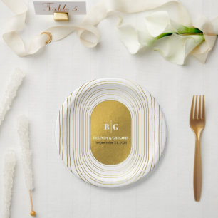White & Gold Modern Minimalist Arch Wedding Paper Plate
