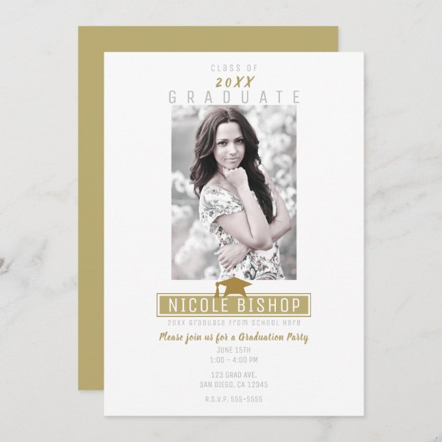 White Gold Modern Photo Graduation Party  Invitation (Front/Back)