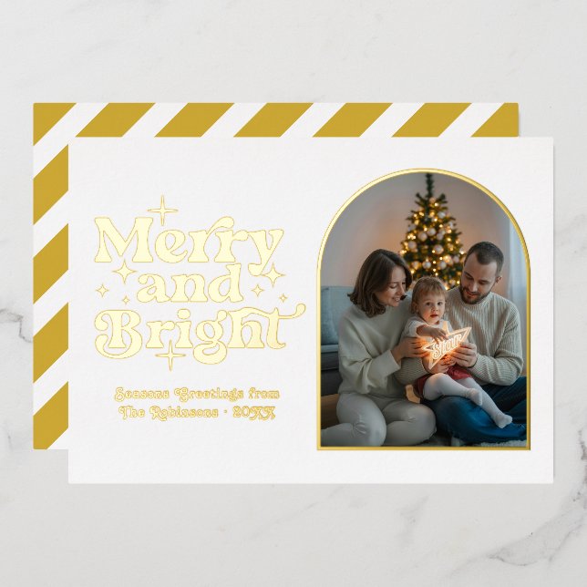 White & Gold Modern Retro Christmas Photo Foil Holiday Card (Front/Back)