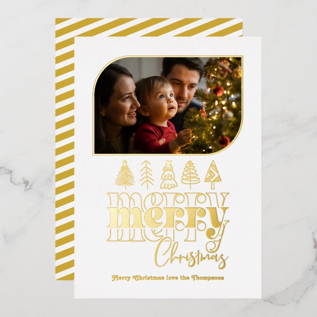 White & Gold Modern Retro Doodle Christmas Photo Foil Holiday Card (Front/Back)