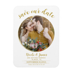 White & Gold Modern Round Photo Save the Date Magnet