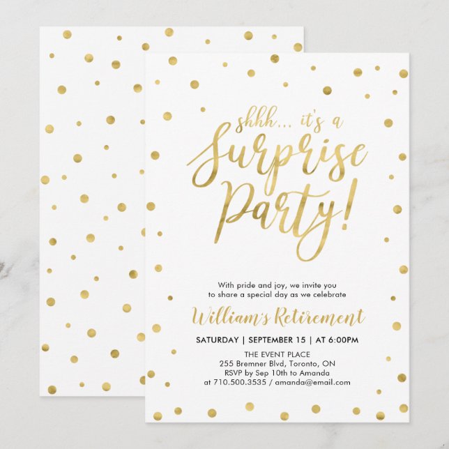 White & Gold | Modern Surprise Retirement Party Invitation (Front/Back)