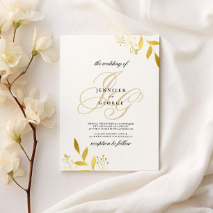 White gold monogram initials floral glam wedding invitation