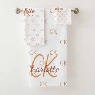 White gold monogram initials name script elegant bath towel set