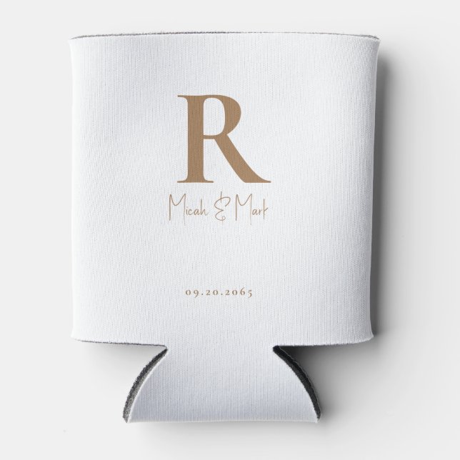 White & Gold Monogram Wedding Can Cooler (Front)