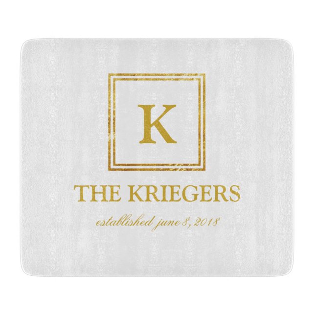 White Gold Monogram Wedding Cutting Board (Front)