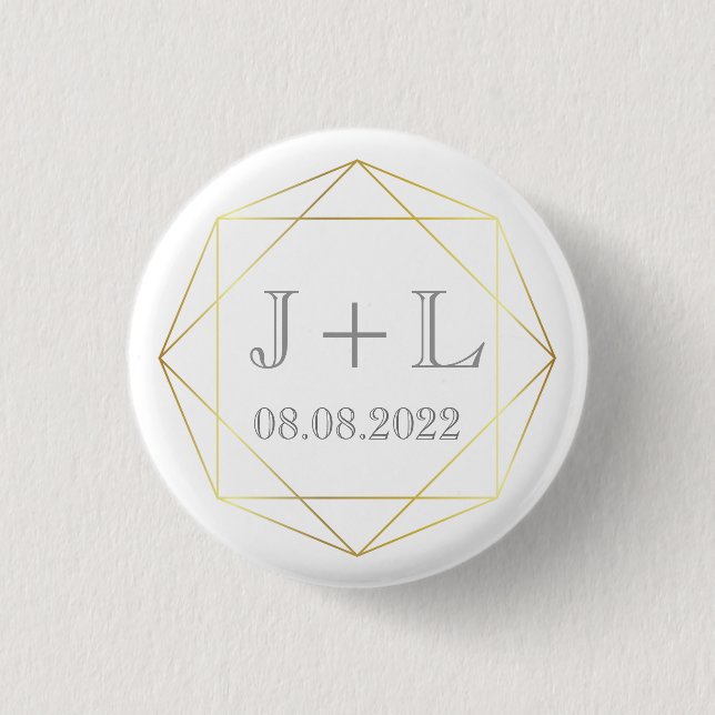 White Gold Monogram Wedding Favour Save the Date 3 Cm Round Badge (Front)