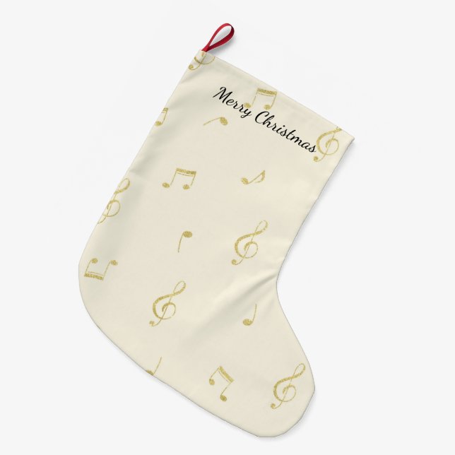 White Gold Music Notes Christmas Large Christmas Stocking (Front (Hanging))