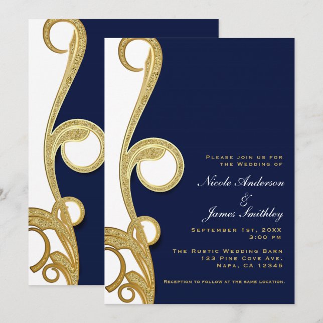 White Gold Navy Blue Chic Elegant Swirl Wedding Invitation (Front/Back)
